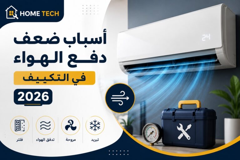 تصميم توضيحي عن أسباب ضعف دفع الهواء في التكييف، مع صورة مكيف منزلي وتوضيح الفلتر والمروحة وتدفق الهواء وحلول الصيانة.